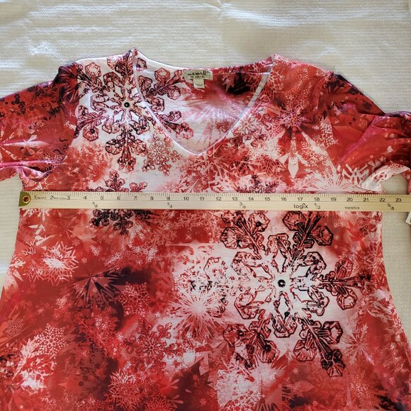 One World Snowflake Red & White NWT Embellishment V Neck Top Tunic XL - Picture 8 of 11